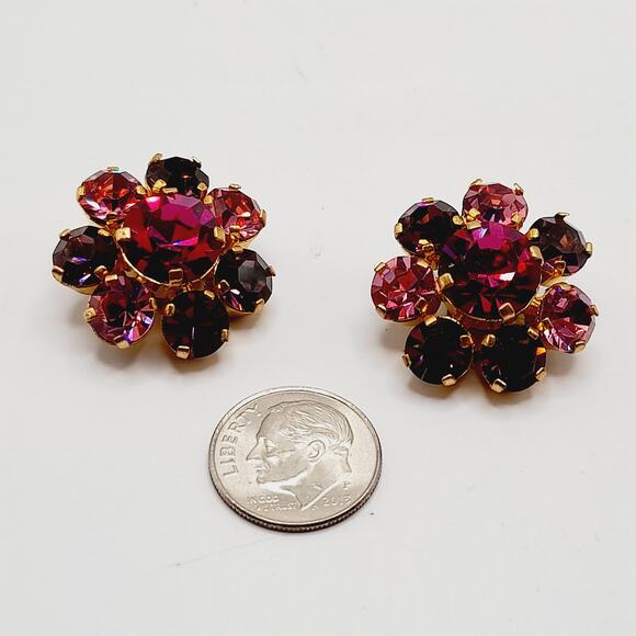 Vintage Made in Austria Pink Rhinestone Earrings Clip On Mid Century Jewelry - Picture 10 of 10
